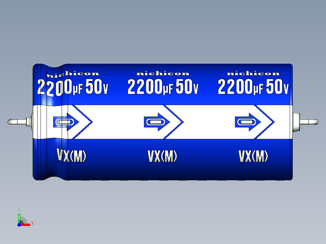 铝制轴向电解电容器。VX系列2200uf50v。18x40mm。间距44至50毫米前视图