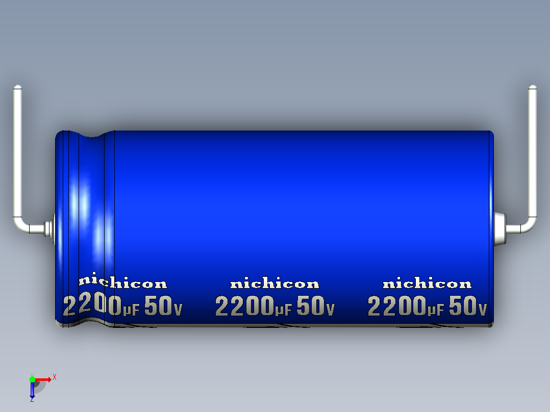 铝制轴向电解电容器。VX系列2200uf50v。18x40mm。间距44至50毫米俯视图
