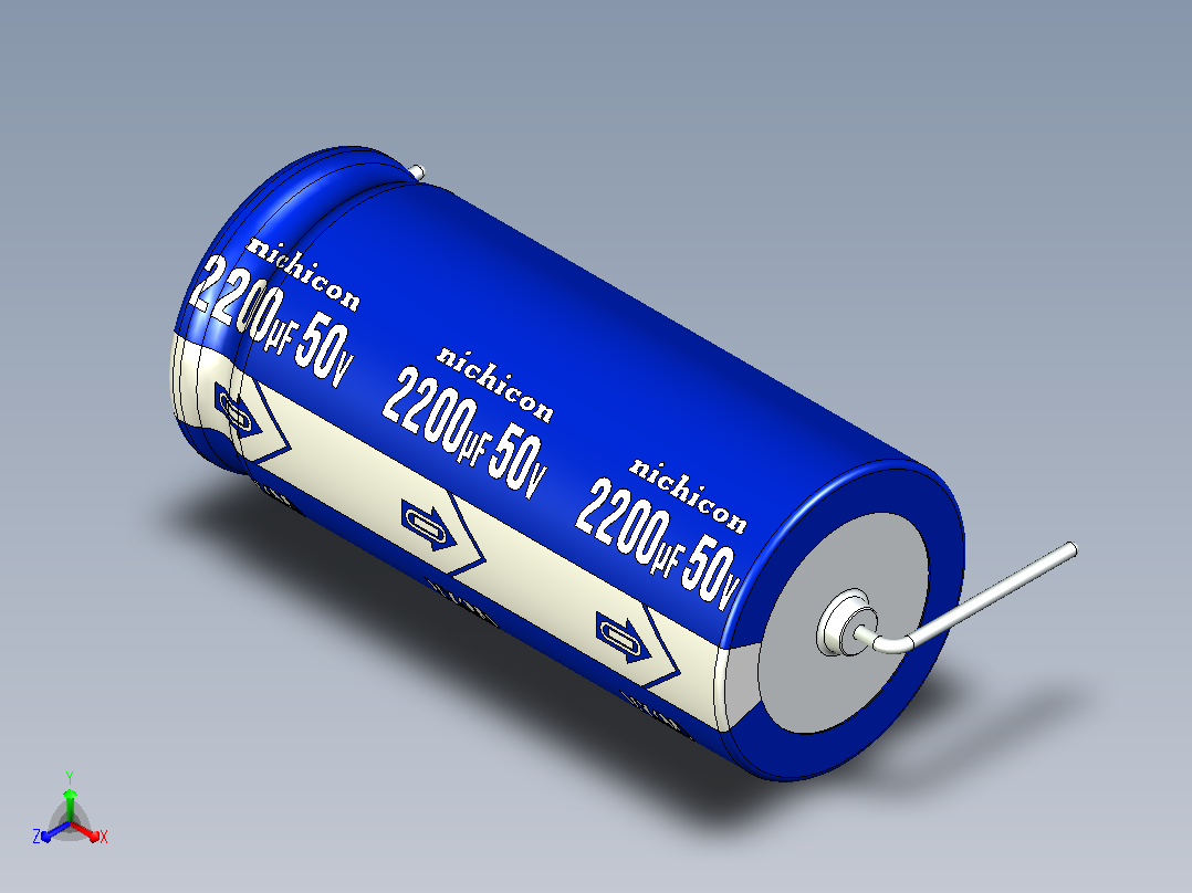 铝制轴向电解电容器。VX系列2200uf50v。18x40mm。间距44至50毫米正等轴测图