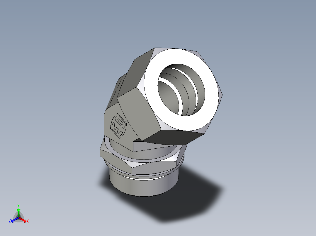 卡套式工业通用硬管接头EO_Adjustable_locknut_45_deg_elbow_VEE38ZSMCF正等轴测图
