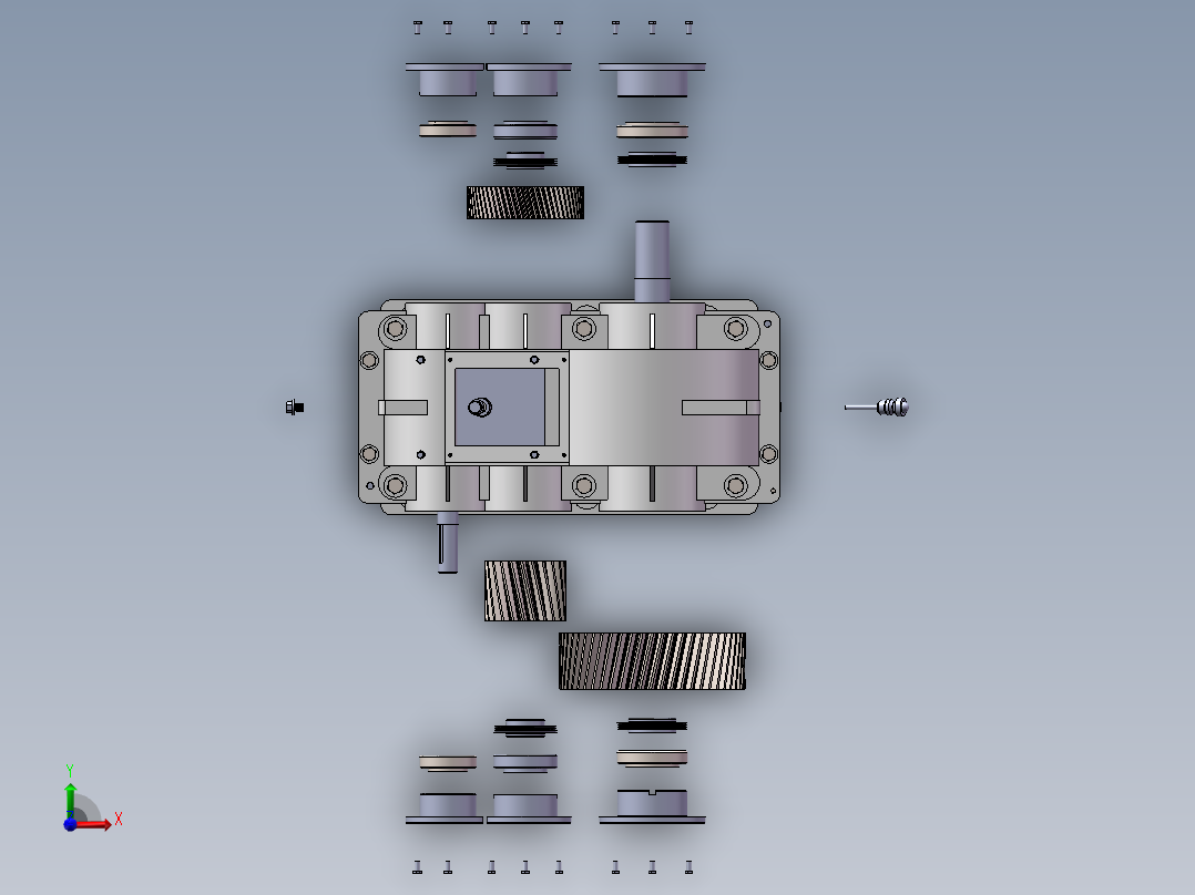 二级斜齿减速机3d图纸SW图纸+爆炸视频 二级圆柱斜齿减速器3d模型前视图