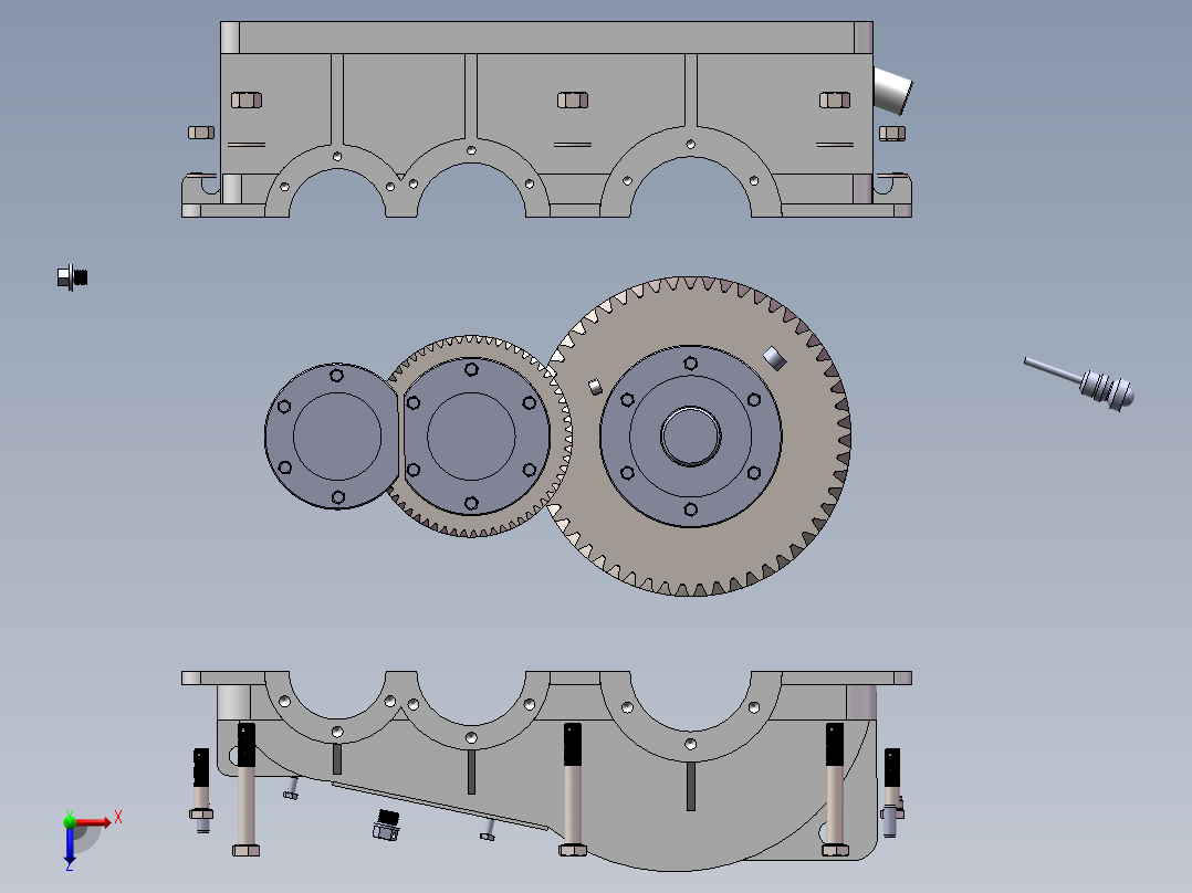 二级斜齿减速机3d图纸SW图纸+爆炸视频 二级圆柱斜齿减速器3d模型俯视图