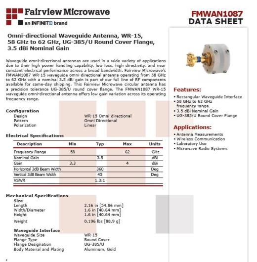 Fairview微波58至62 GHz全向波导天线，带WR-15波导(+3.5 dbi增益)缩略图