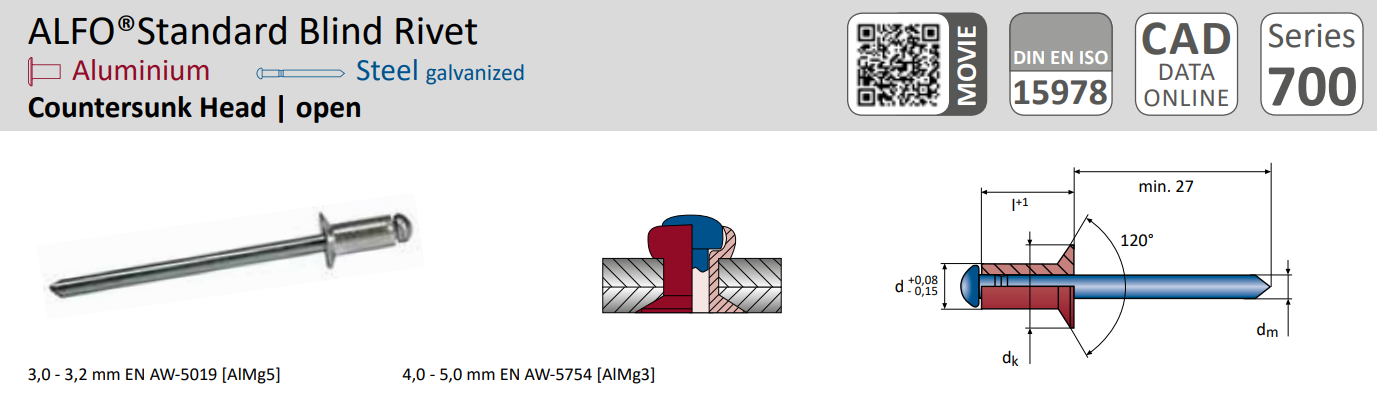 带拉断芯轴和沉头的开口盲铆钉