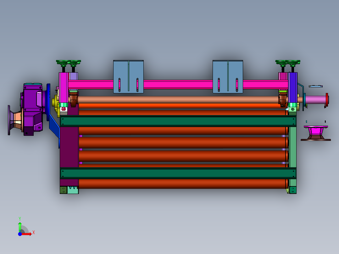 滚筒线产品导正翻转运输装置前视图
