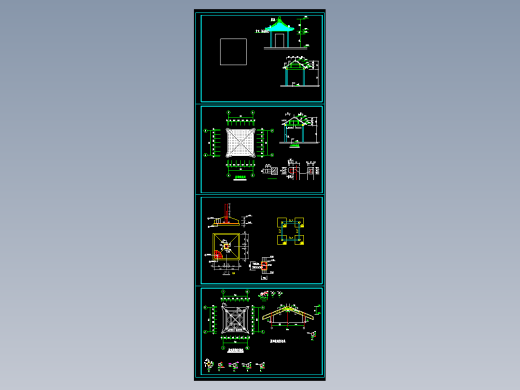 长4宽4钢筋混凝土结构仿古休息亭结构施工CAD图纸