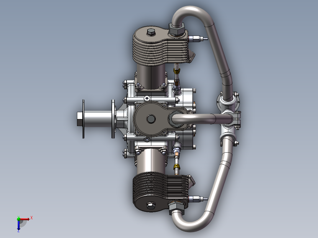 1比4三缸发动机3D数模图纸 STEP格式俯视图