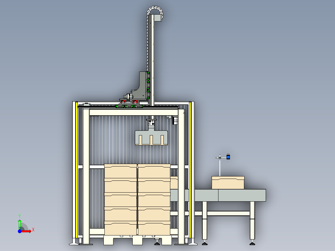 三轴桁架码垛机进型包装盒码垛前视图