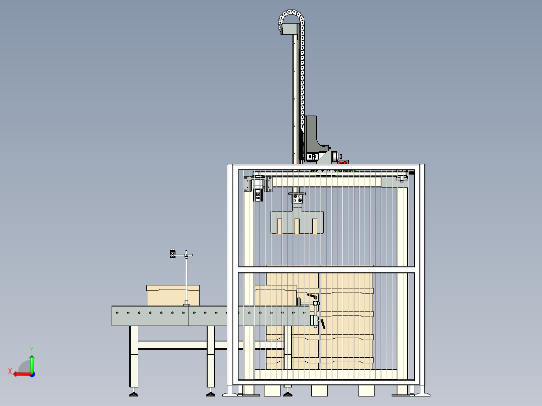 三轴桁架码垛机进型包装盒码垛后视图