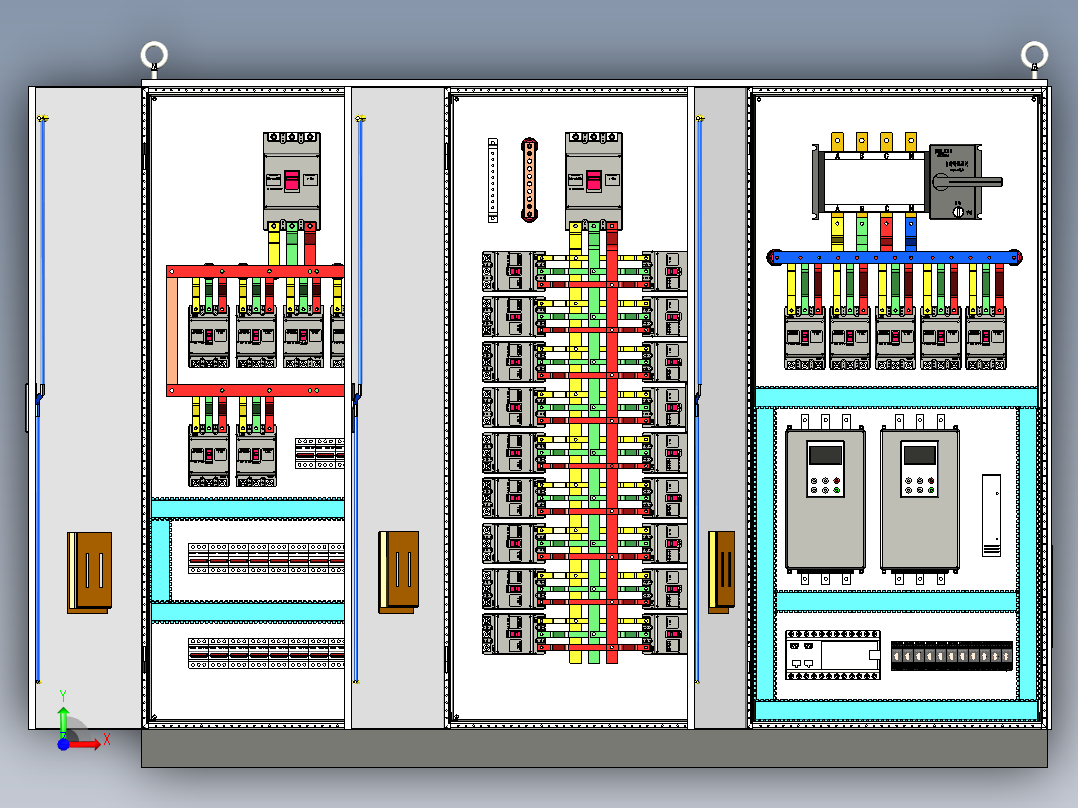 三柜组装630A双电源软启动plc控制柜 55757前视图