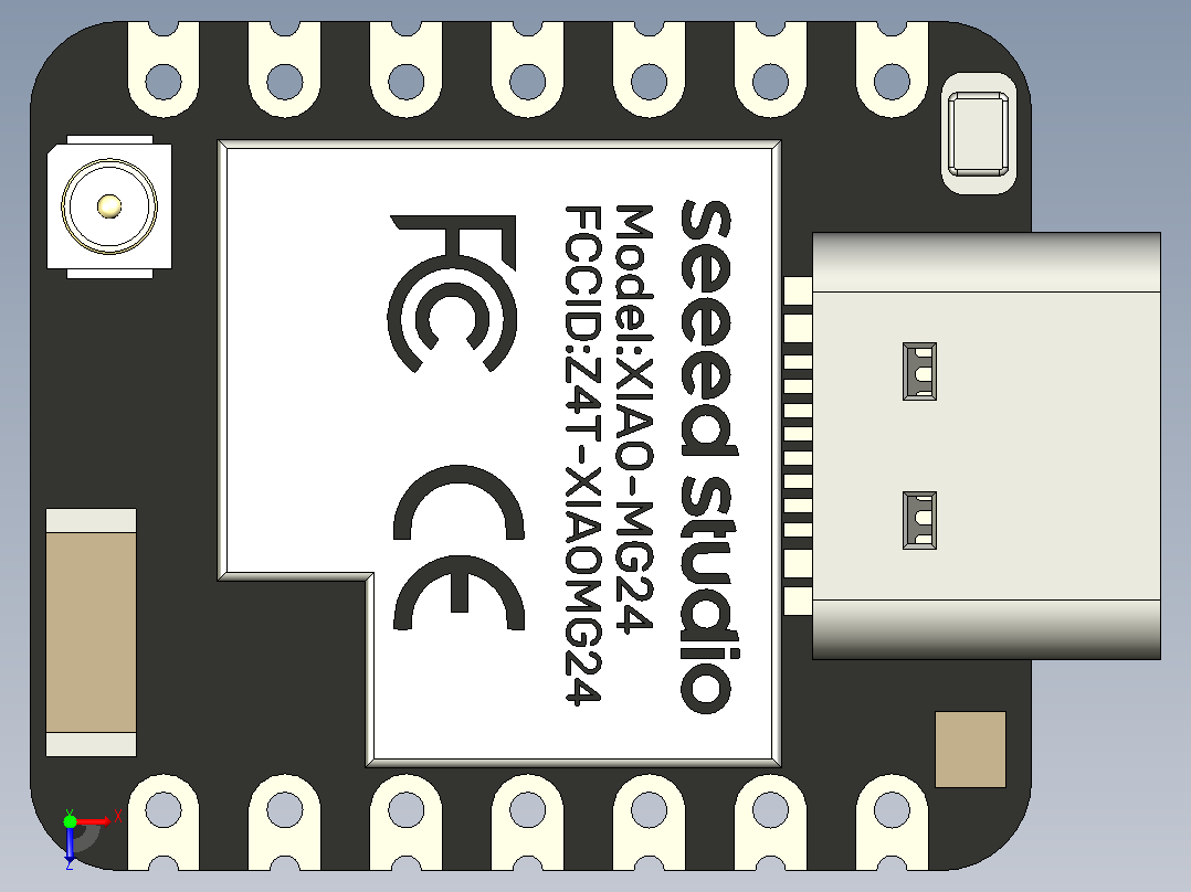 XIAO MG24是一款基于Silicon Labs的EFR32MG24 SoC的超低功耗无线开发板，采用高性能78MHz ARM Cortex -M33内核俯视图