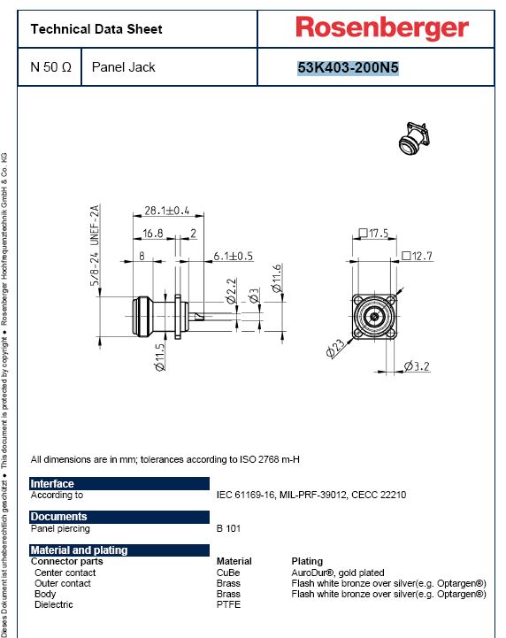 Rosenberger N型11 GHz同轴17.5毫米4孔法兰连接器2