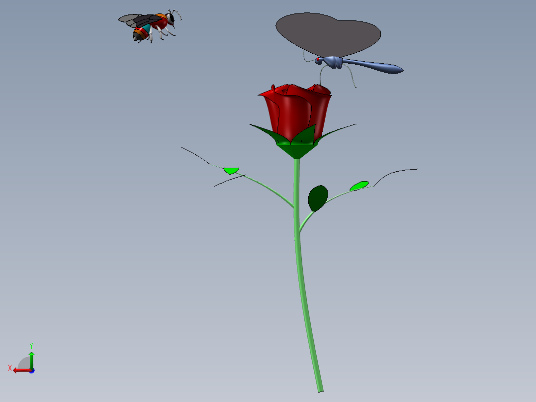 包含蝴蝶、蜜蜂、玫瑰花后视图