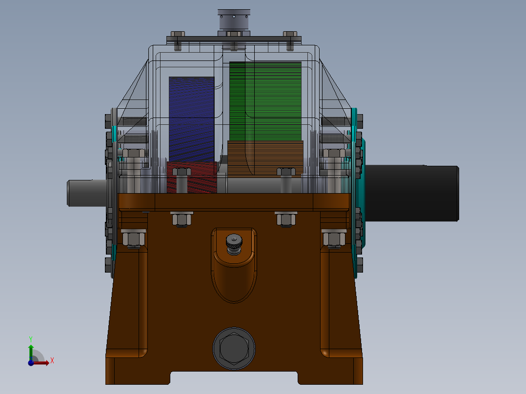 hop giam二级直齿斜齿变速箱3D图纸 Solidworks设计前视图