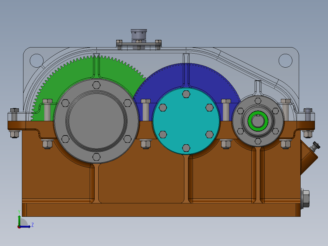 hop giam二级直齿斜齿变速箱3D图纸 Solidworks设计左视图