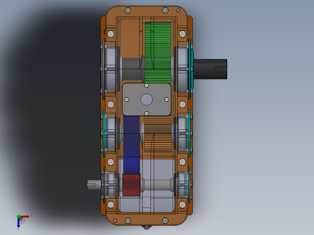 hop giam二级直齿斜齿变速箱3D图纸 Solidworks设计俯视图