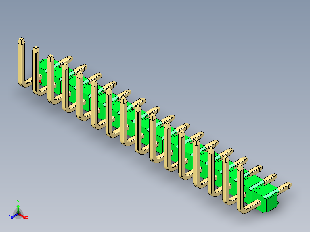 彩色公排针 100mil 2.54mm 系列-DS1022_green_16p_100mil_TypeU_rev1.0正等轴测图