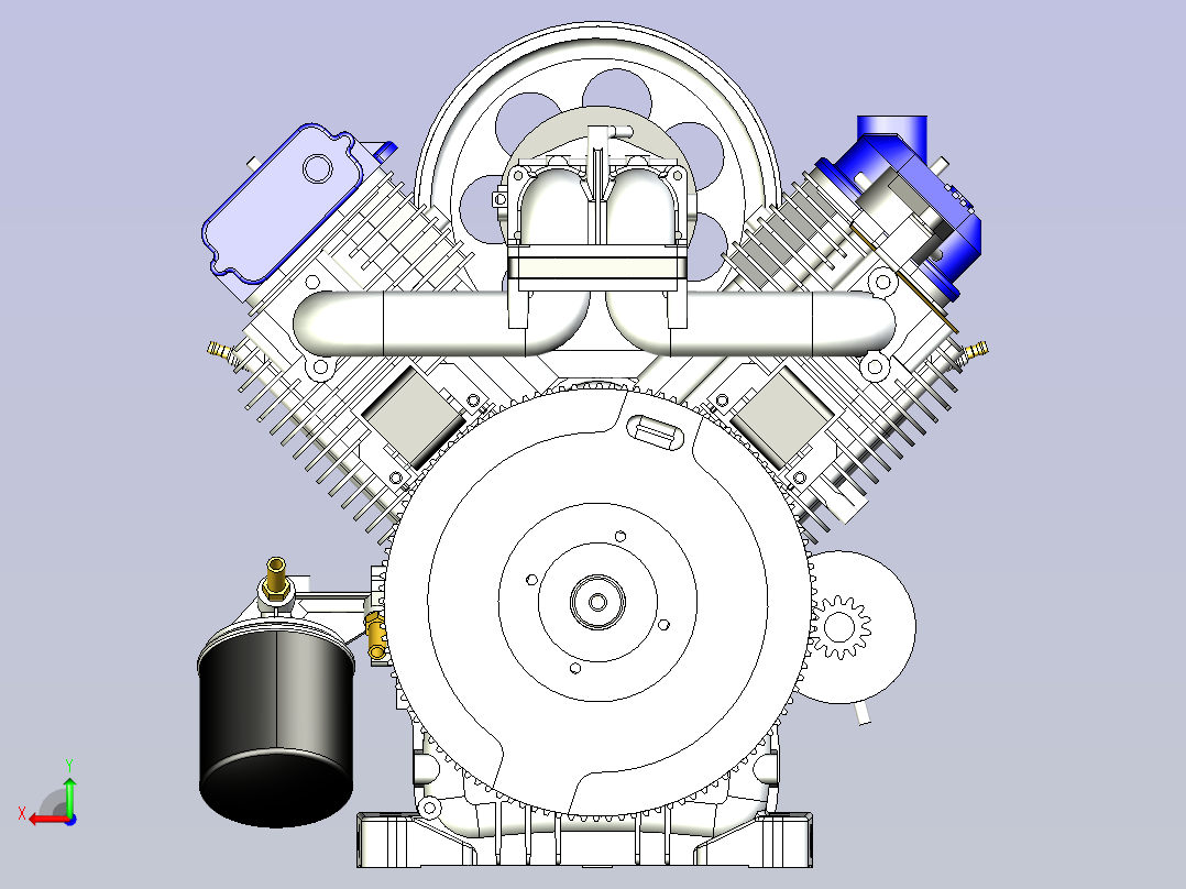V型双缸发动机3D图纸模型后视图