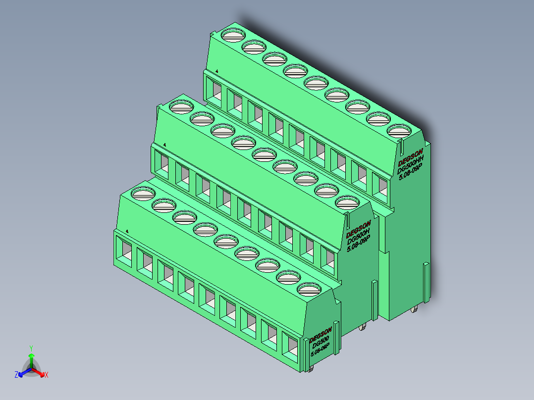 DEGSON DG500 系列 5.05.087.62mm 接线端子-DG500A3-5.08-27P-14-00AH正等轴测图