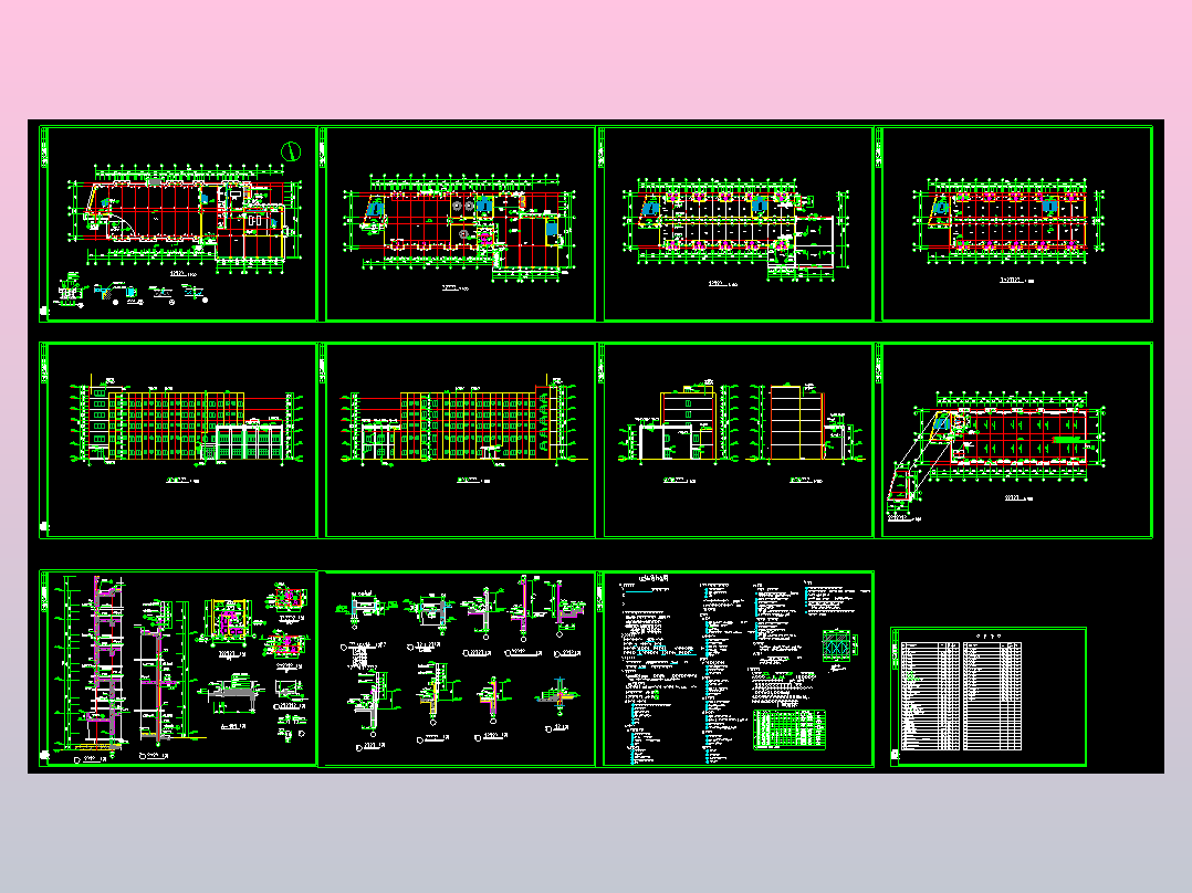 长56.52米 宽22.64米 5层4029平米食堂宿舍综合建施【[1至2层为餐厅 3至5层为宿舍] 平立剖 节点大样 目录 门窗表 说明】