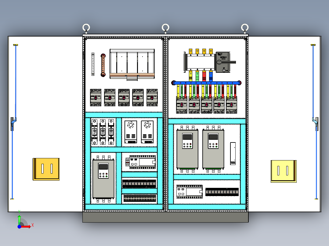 双柜组装双电源、刀开关软启动plc控制柜前视图