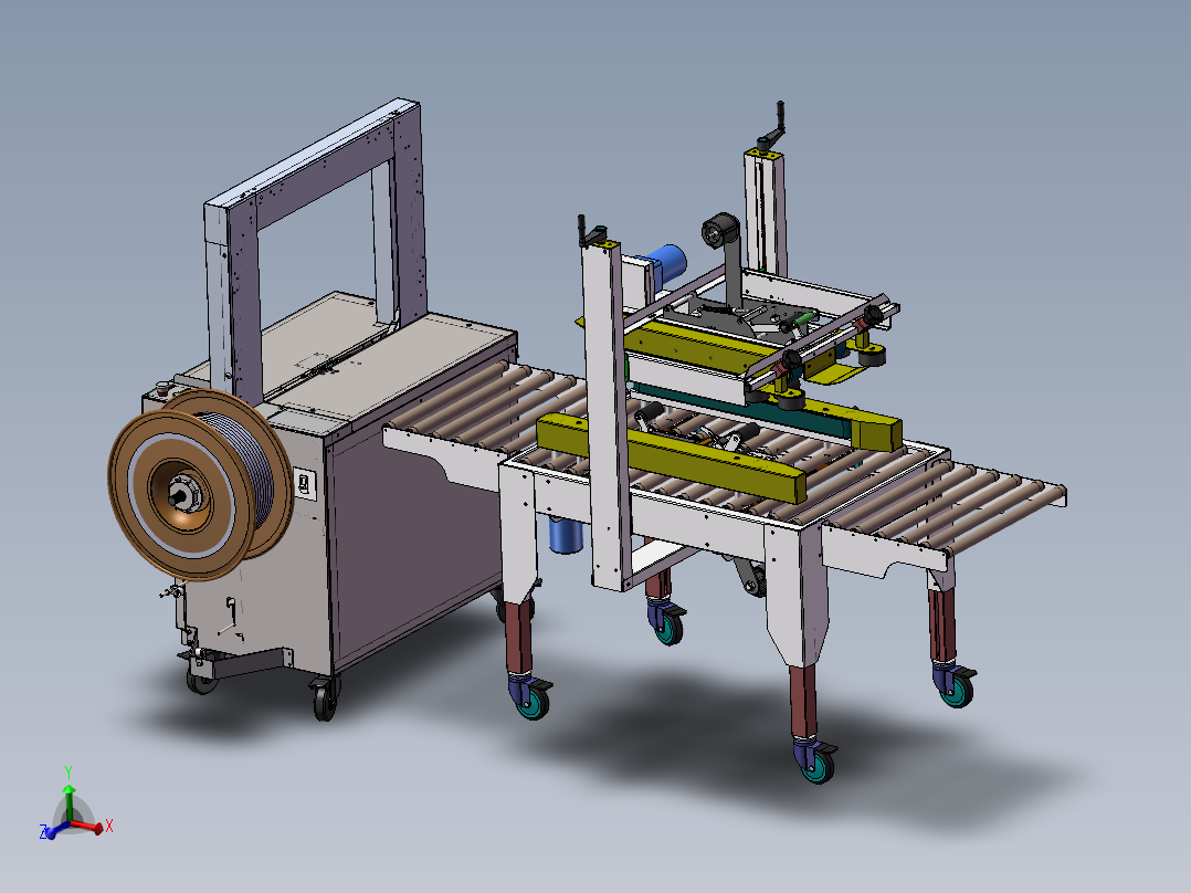 一字封箱机捆扎机封箱打包机方案3D图纸 包装流水线封箱打包3d图