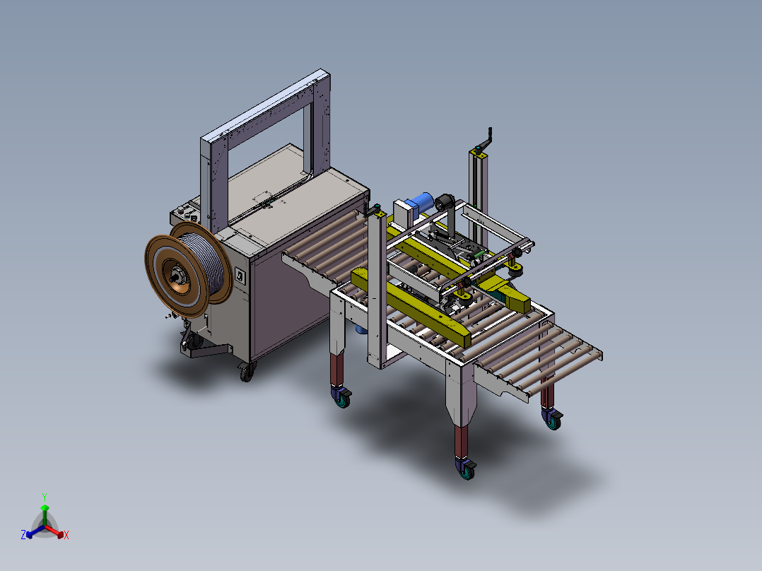 一字封箱机捆扎机封箱打包机方案3D图纸 包装流水线封箱打包3d图正等轴测图