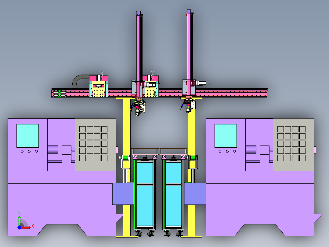 CNC数控车床机械手（自动化双臂型机械手） 3D模型前视图