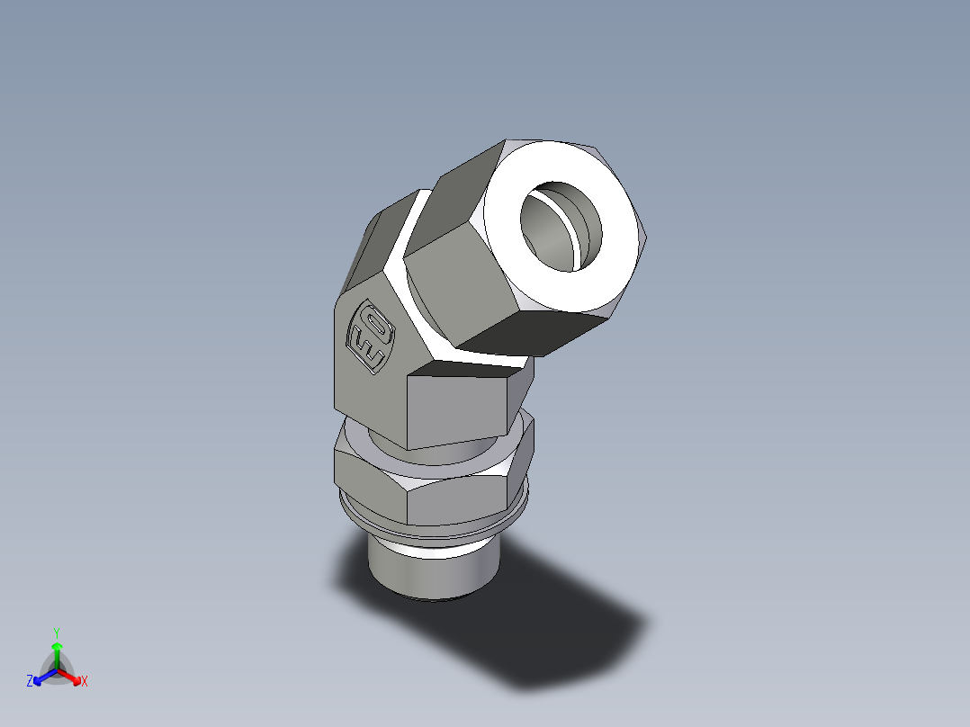 卡套式工业通用硬管接头EO_Adjustable_locknut_45_deg_elbow_VEE10ZLMORCF正等轴测图