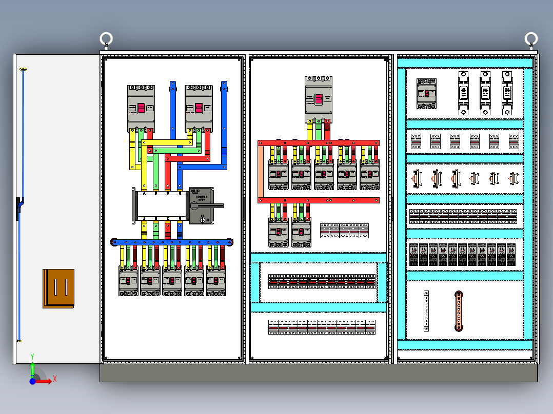 三柜组装双电源630A正装直流接触器控制柜 55372前视图