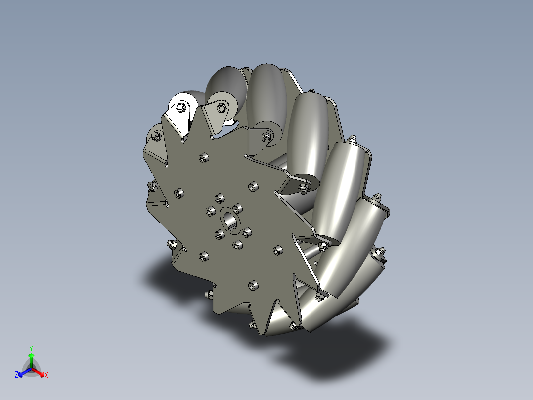 12个滚轮的10英寸麦克纳姆轮3D主视图