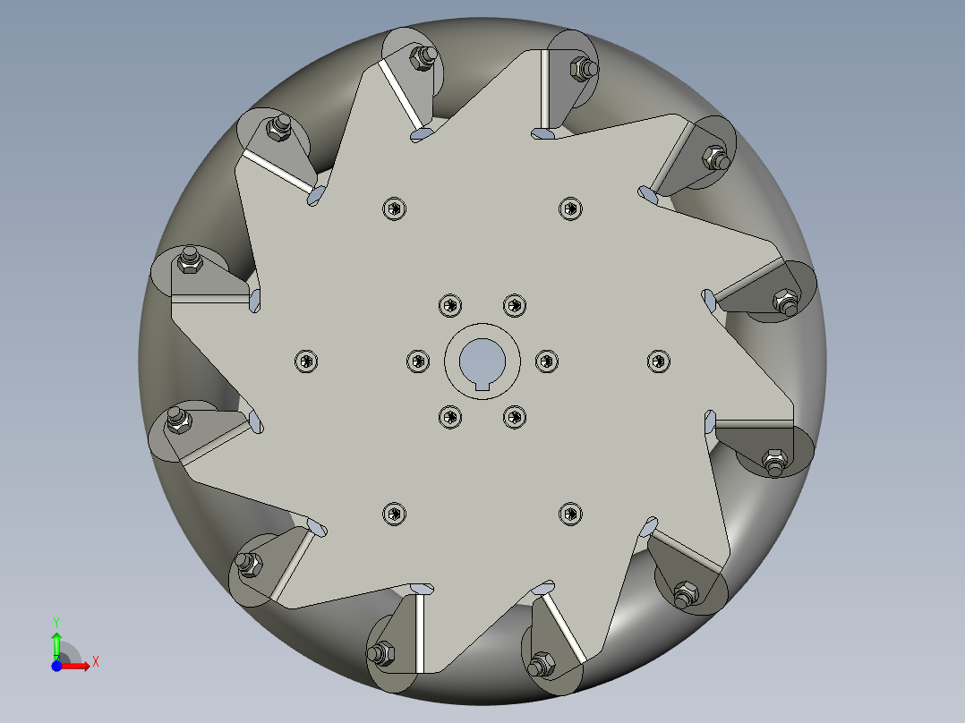 12个滚轮的10英寸麦克纳姆轮3D前视图