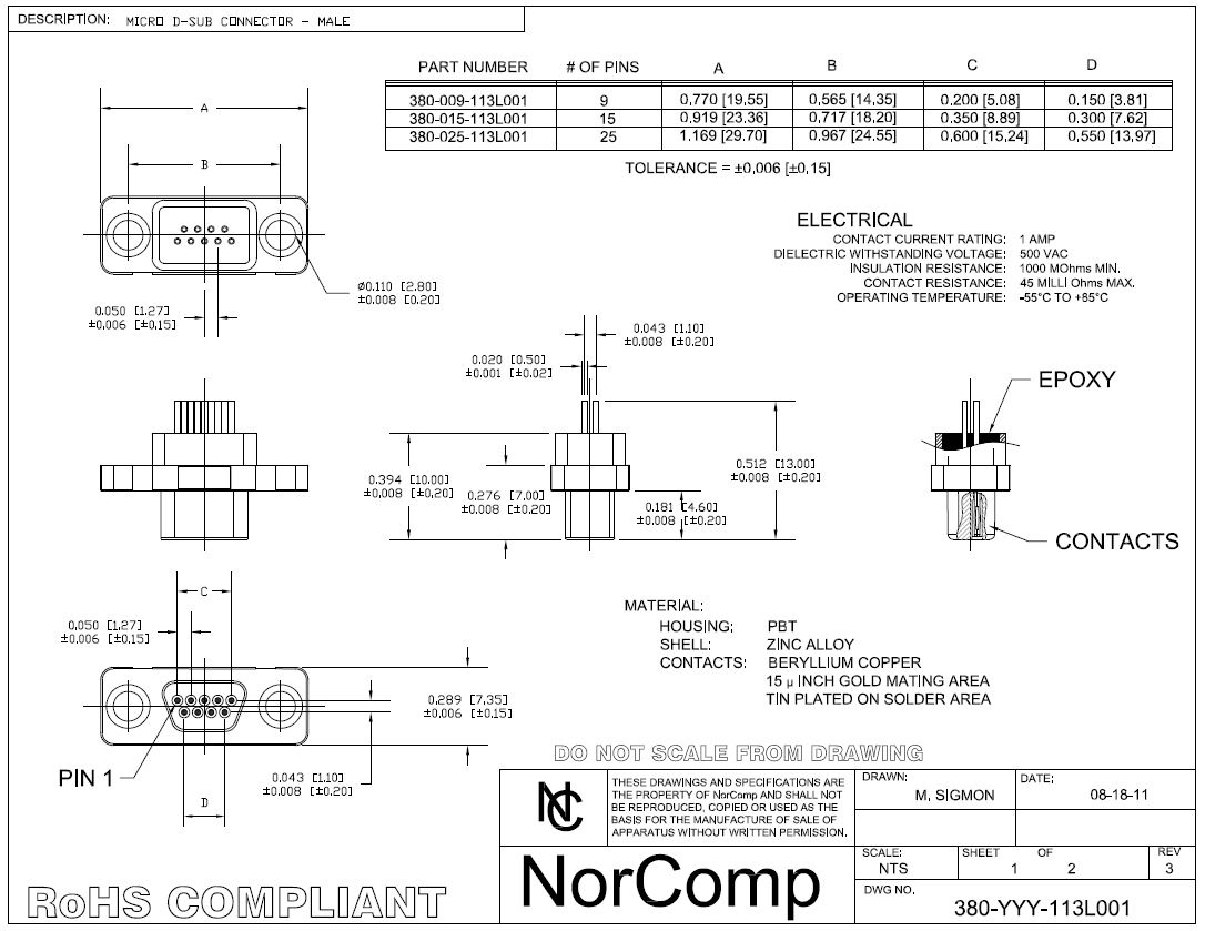 MICRO-D系列，9路PCB D-sub母外壳连接器，带公引脚