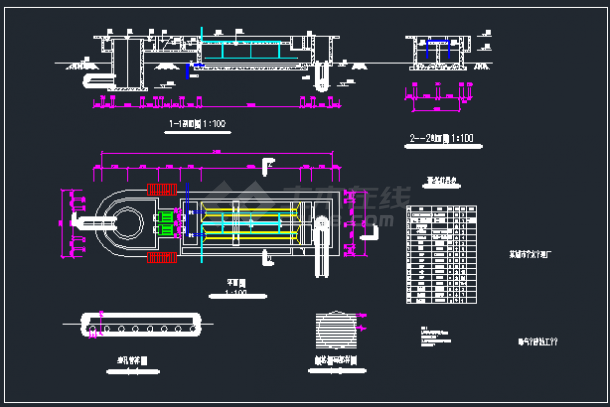 曝气沉沙池平面剖面设计CAD图纸曝气沉沙池三视图cad图纸一张图