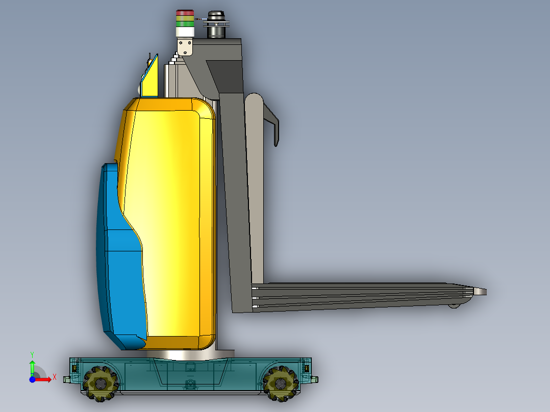 带有叉车机构的AGV小车模拟前视图