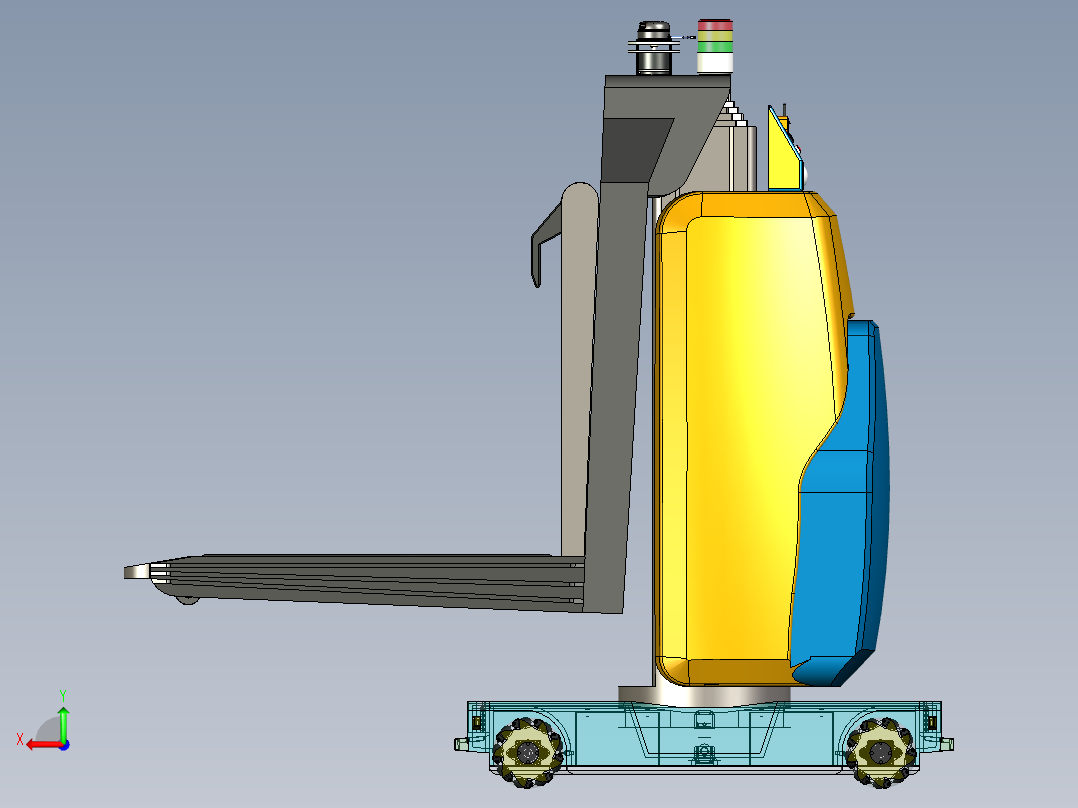 带有叉车机构的AGV小车模拟后视图
