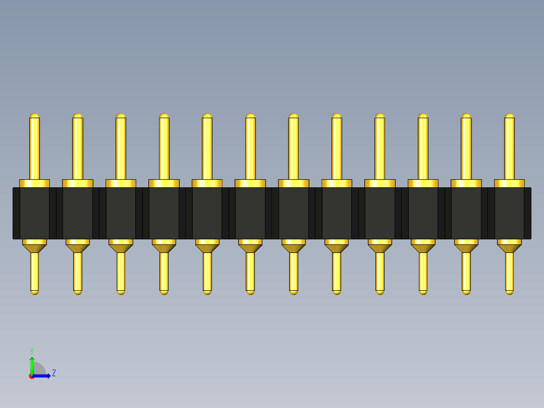2.54毫米PCB连接器,单排,双头圆排针，100密耳，2.54毫米，1x1~1x12针，DIP接头，单排双头圆形针左视图