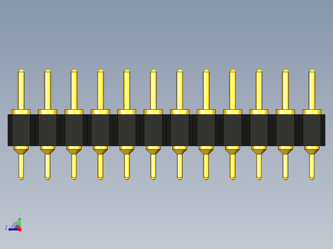 2.54毫米PCB连接器,单排,双头圆排针，100密耳，2.54毫米，1x1~1x12针，DIP接头，单排双头圆形针右视图