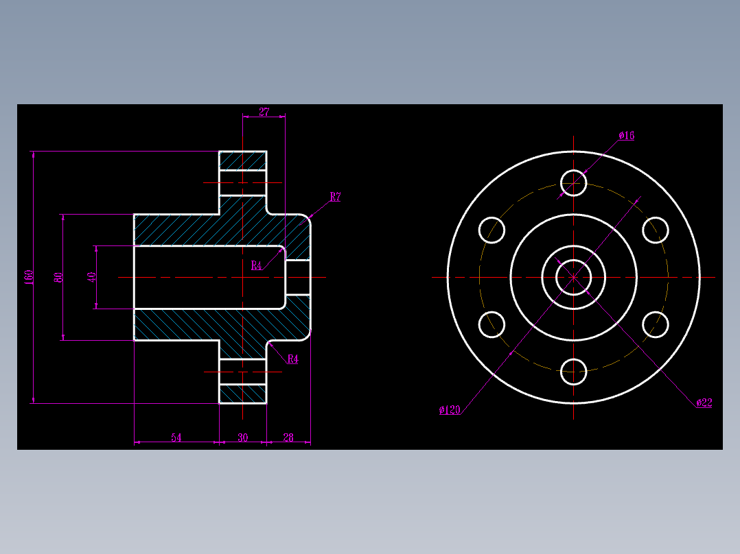 CAD格式机械制图二维100例练习-36 法兰盘二视图