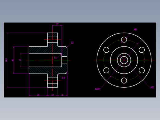 CAD格式机械制图二维100例练习-36 法兰盘二视图