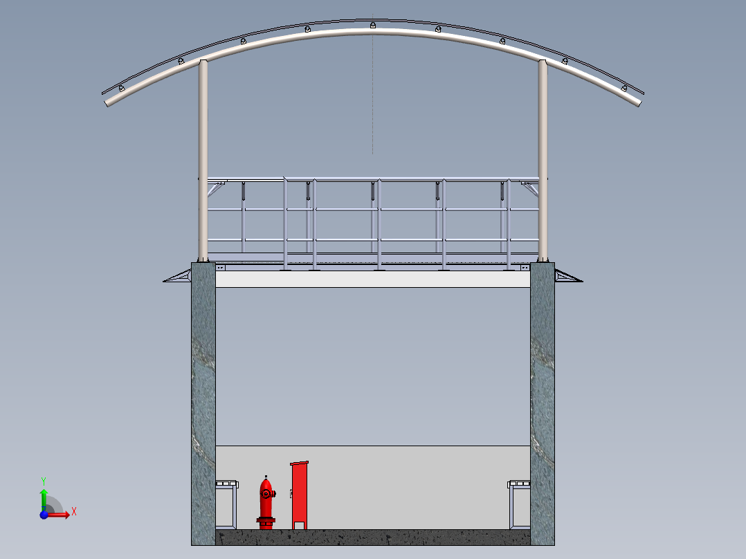 A0002559-带有工业楼梯和钢制屋顶结构的休息区前视图