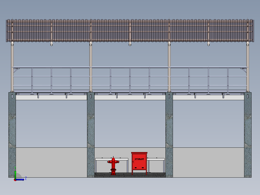 A0002559-带有工业楼梯和钢制屋顶结构的休息区左视图