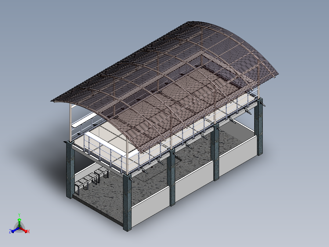 A0002559-带有工业楼梯和钢制屋顶结构的休息区正等轴测图