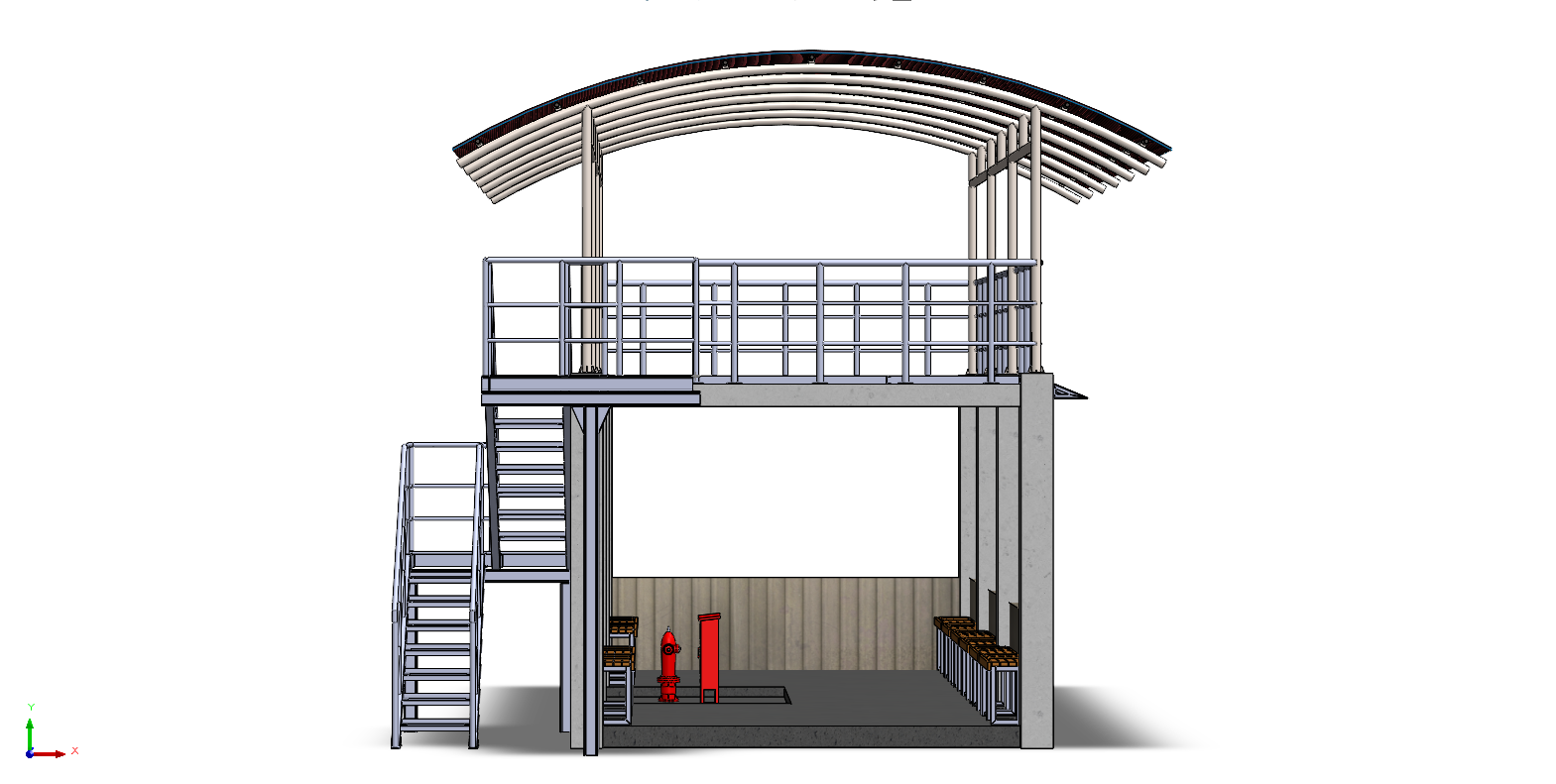 A0002559-带有工业楼梯和钢制屋顶结构的休息区