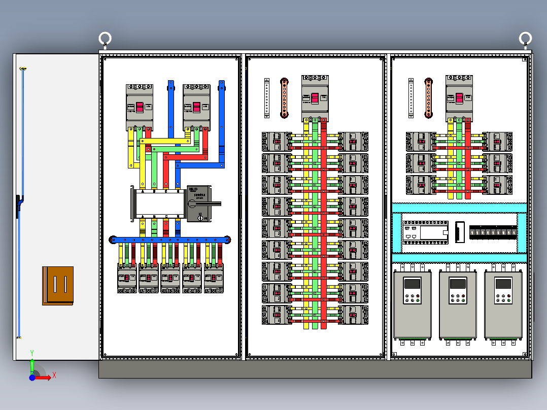 三柜组装双电源630A竖装软启动plc控制柜 55776前视图
