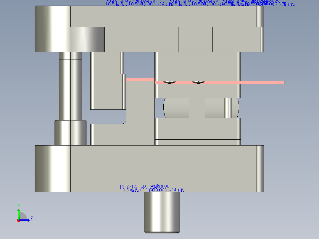 客车车门垫板落料、冲孔级进模左视图