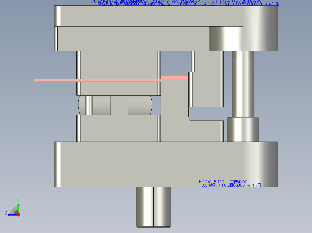 客车车门垫板落料、冲孔级进模右视图