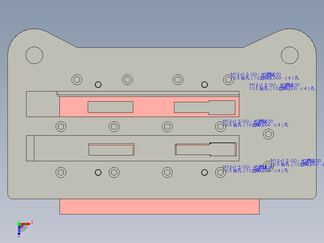 客车车门垫板落料、冲孔级进模俯视图