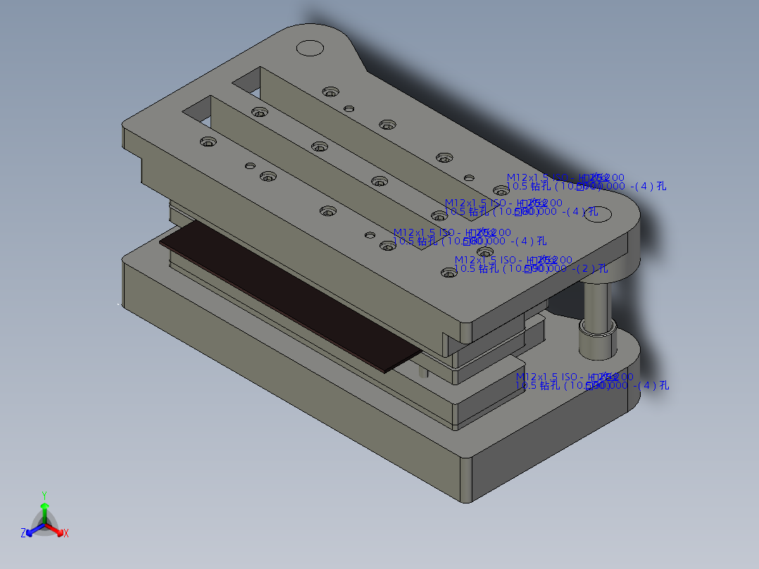 客车车门垫板落料、冲孔级进模正等轴测图