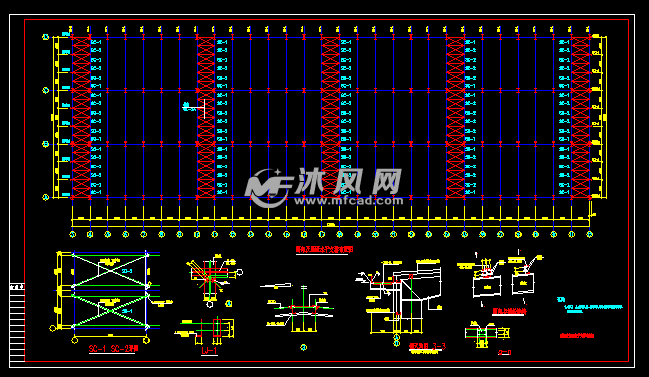 3跨54米某地起重机械厂带吊车钢结构厂房结构cad图纸